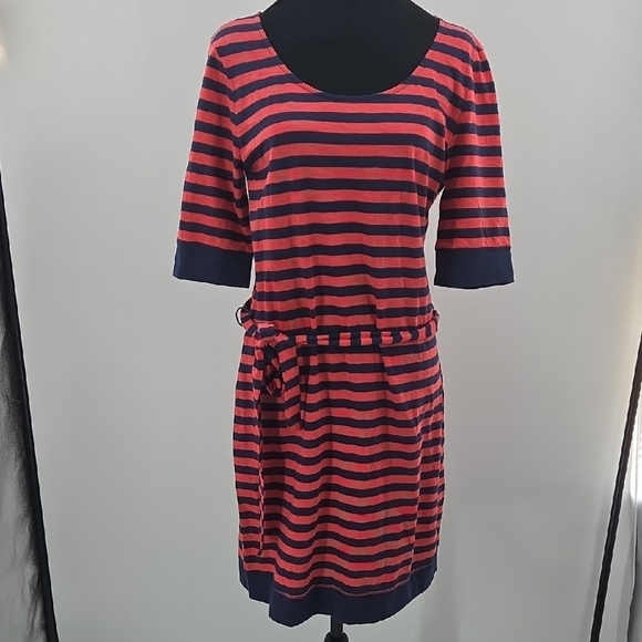 Banana Republic Pink and Blue Striped Midi Dress With Tie Waist - Picture 1 of 16